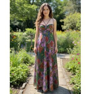 Vintage 1970s LW II Les Wilk Couture Purple Floral Maxi Dress Sundress XS 2/4